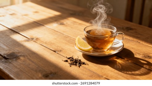 A steaming cup of tea with a lemon slice sits on a wooden table, surrounded by loose tea leaves, bathed in warm morning sunlight, creating a calm and inviting atmosphere