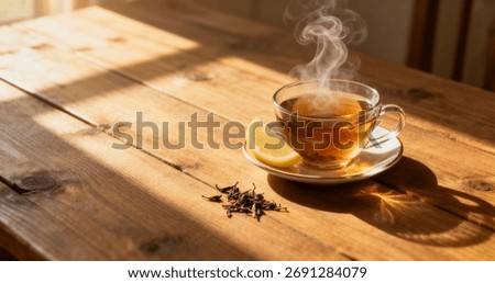 A steaming cup of tea with a lemon slice sits on a wooden table, surrounded by loose tea leaves, bathed in warm morning sunlight, creating a calm and inviting atmosphere