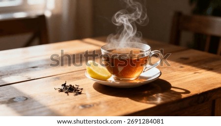 A steaming cup of tea with a lemon slice sits on a wooden table, surrounded by loose tea leaves, bathed in warm morning sunlight, creating a calm and inviting atmosphere