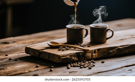 Steaming Cups of Coffee on Rustic Wooden Table