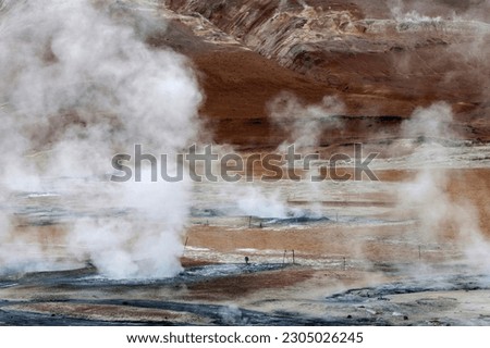 Steaming fumaroles, solfatars, solfataren field at Námafjall volcano, mud pot, high temperature area Námaskarð or Namskard, Námafjall, North Iceland, Iceland