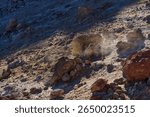 Steaming geothermal vents releasing gas inside the crater of Pico del Teide with mineral deposits and scattered rocks