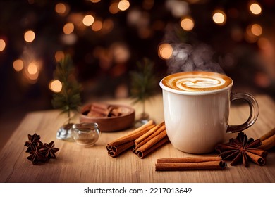 Steaming hot caramel latte in glass mug on wooden background, cinnamon sticks, christmas mood - Powered by Shutterstock