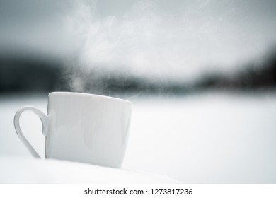 Steaming Hot Coffee On A Cold Winter Morning By The Lake , Ontario, Canada 