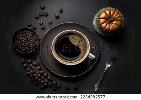 A steaming mug of hot black coffee sits on a dark charcoal-colored table. The rich, dark color of the coffee contrasts beautifully with the sleek, matte finish of the table. 