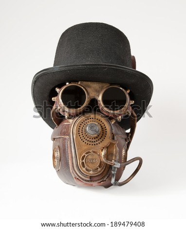 Steampunk accessories. Steampunk hat, goggles and mask isolated on the white background. These are partsof my steampunk costume.