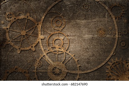 steampunk cogs background on old canvas