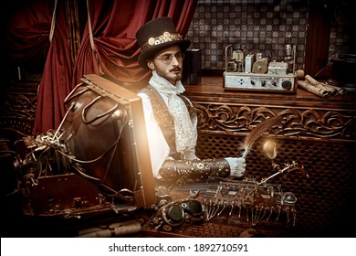 Steampunk inventions. Portrait of a scientist steampunk man working in his laboratory with Victorian interior. 