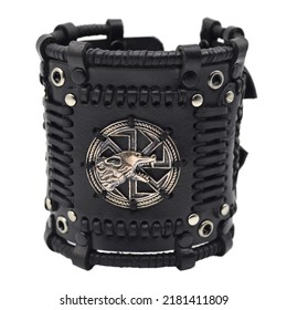 Steampunk leather bracelet. Handicraft. Accessories and decorations for mtalheads, rockers, punks, bikers, goths. - Shutterstock ID 2181411809