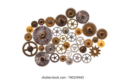 Steampunk machinery ornament style mechanical design isolated on white. Retro technology still life concept. Abstract shape object with many textured cogs gears wheels Golden silver shabby surface.
