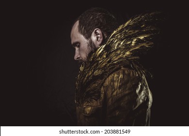 Steampunk, Man Beard And Suit Made With Golden Wings