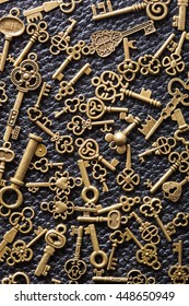 steampunk old vintage metal keys background on leather