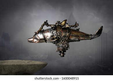 Steampunk robot flying machine of the future
