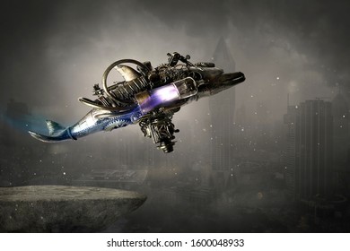 Steampunk robot flying machine of the future
