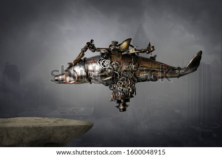 Steampunk robot flying machine of the future
