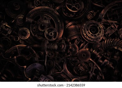 steampunk scrap metal for recycling background. a lot of different rusty industrial part detail for melt and reused - Shutterstock ID 2142386559