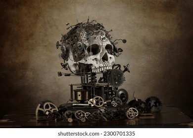 Steampunk skull wooden table and clock gears
