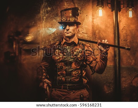 steampunk style man with various mechanical devices on vintage steampunk background