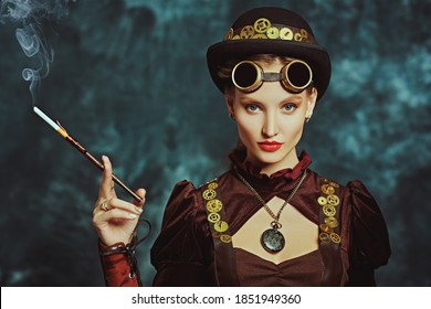 Steampunk Style. Portrait Of A Beautiful Steampunk Girl Inventor On A Grunge Background.