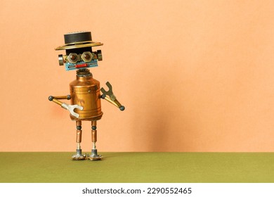 Steampunk toy robot character with a funny hat. copy space