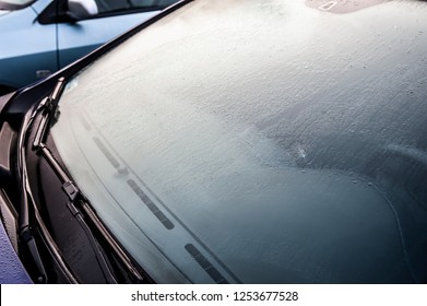 Steamy Car Window On A Autumn Rainy/foggy Day. Concept Of Safety Driving Problem.