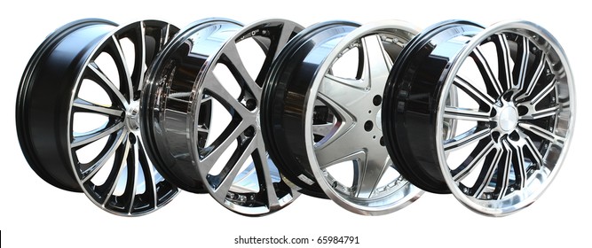 steel alloy car rims on a white background