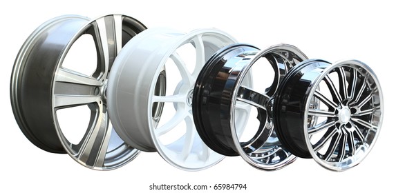 steel alloy car rims on a white background