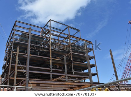 Steel I Beam structure or construction building with cloud and sky background 