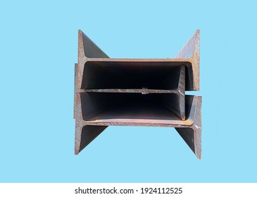 Steel Beams Isolated On Blue Background.