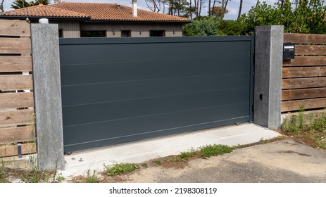 Steel Big Grey Metal Gate Slide Fence On Modern House Access Street