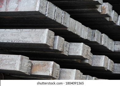 Steel billets in the warehouse of metallurgical factory. Hot ingot in a steel plant.  - Shutterstock ID 1804091365