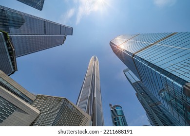 Steel Blue Glass High Rise Building Skyscrapers, Business Concept Of Successful Industrial Architecture