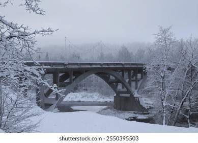 A steel bridge among a snowy landscape. Foggy winter evening. - Powered by Shutterstock