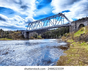 A steel bridge, navigating calm river flowing through a lush forest - Powered by Shutterstock