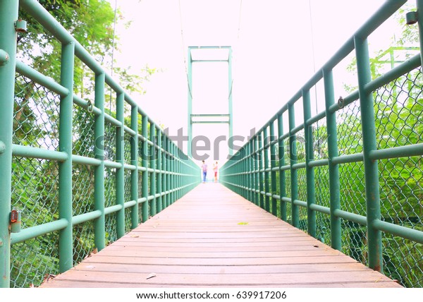Steel bridge with\
wood floor ,rope bridge