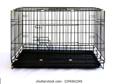 Steel Cage For Pets On White Background. Wire Dog Crate On White Background. Pet Supplies.
