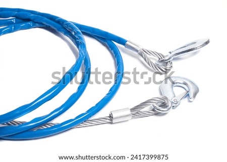 steel car tow rope with hooks in blue braid isolated on white background.