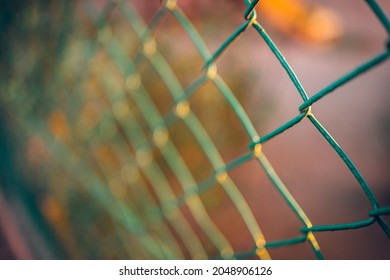 Steel Chain Link Fence, Sunset Light, Artistic Dramatic Outdoor Closeup. Safe, Home Gourd Rail