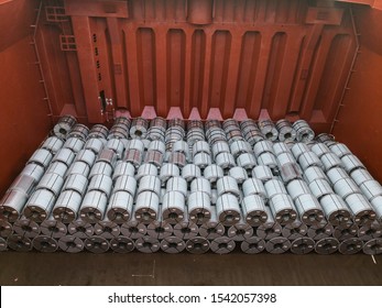 Steel Coil Loading In Cargo Hold On Bulk Carrier. 