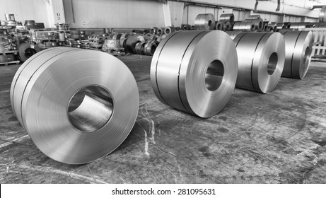 Steel Coils Inside Industrial Shed.