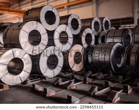 Steel coils are stacking at storage area in steel industry warehouse 商業照片 © 