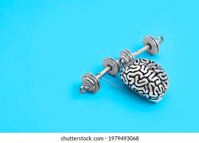 Steel copy of the human brain with hands lifting dumbbells isolated on blue. The concept of memory improvement through exercising.