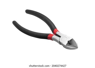 Steel cutting pliers with black handles. Close-up. Isolated on a white background.