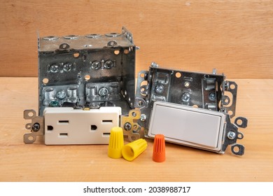 steel electrical outlet boxes and a modern square U ground receptacle outlet and a modern square wall light switch