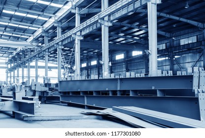 Steel factory floor, stacked with a lot of steel