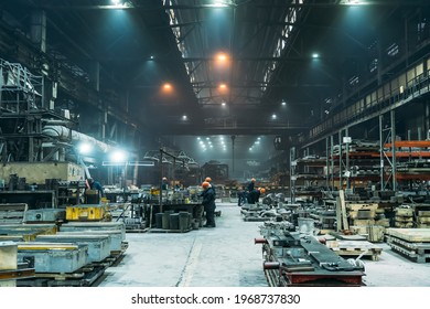 Steel Factory With Workers In Process Of Work, Industrial Interior, Large Hangar With Iron Production