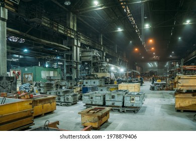 Steel Factory With Workers In Process Of Work, Industrial Interior, Large Hangar With Iron Production