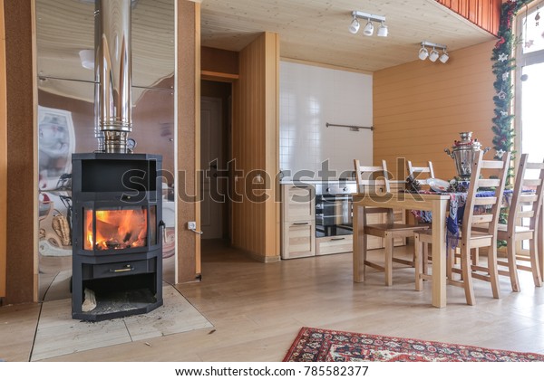 Steel Fireplace Glass Door Wooden Cottage Stock Image Download Now