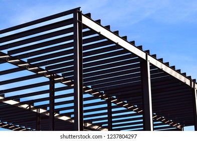 Steel framework of commercial building under construction.