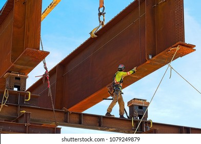 Steel girder   two meter web installed  bridge abutment   scaffolding as part new interchange in southern Saskatchewan Canada for new freeway system   extension the Trans  Canada